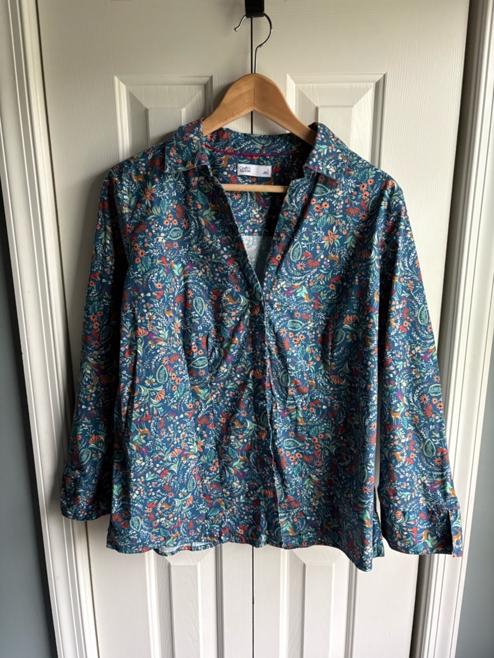 Croft & Barrow Womens Teal Woodlands Print Long Sleeve Button Down Blouse Large